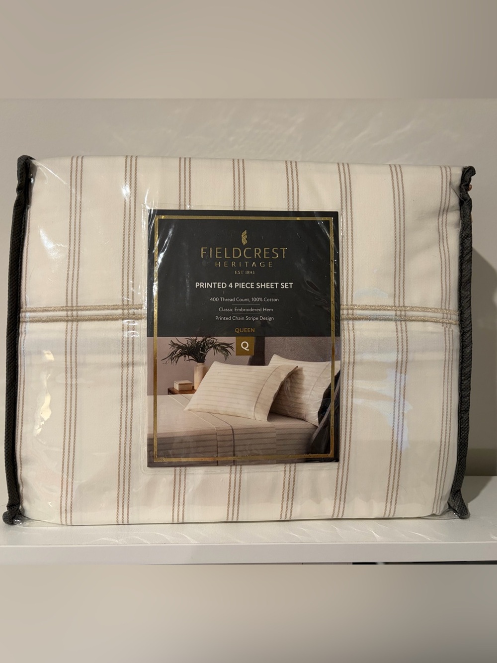 FIELDCREST HERITAGE QUEEN SHEET SET CREAM/TAN NWT!